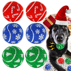 INSUM Christmas dog balls 6-pack closeup shows festive red, green and blue colors for indoor fetch