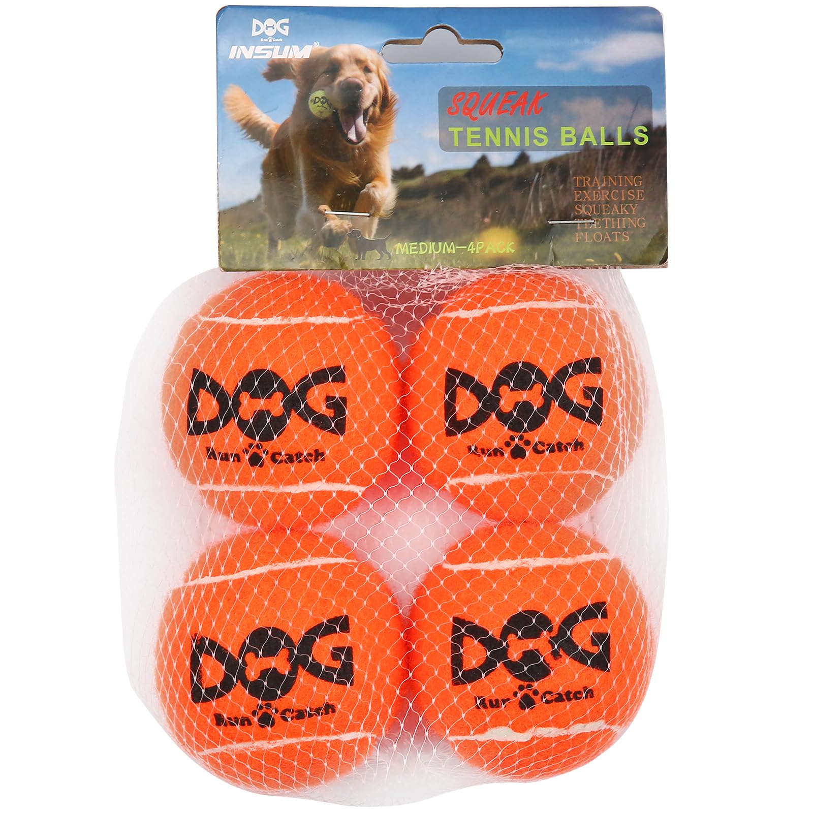 INSUM squeaky dog ball orange front view, high visibility for fetch.