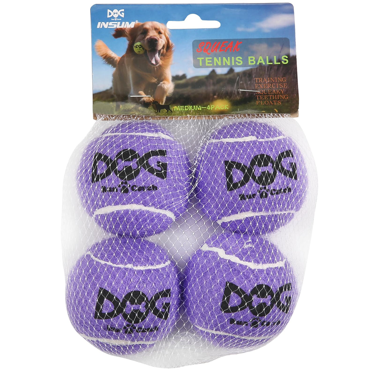 INSUM Squeaky Dog Balls purple 4-pack enhances visibility for easier fetch in the yard.