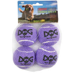 INSUM Squeaky Dog Balls purple 4-pack enhances visibility for easier fetch in the yard.