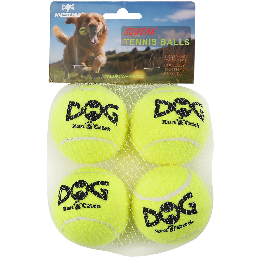 INSUM squeaky dog balls front view in bright yellow for easy visibility during fetch.