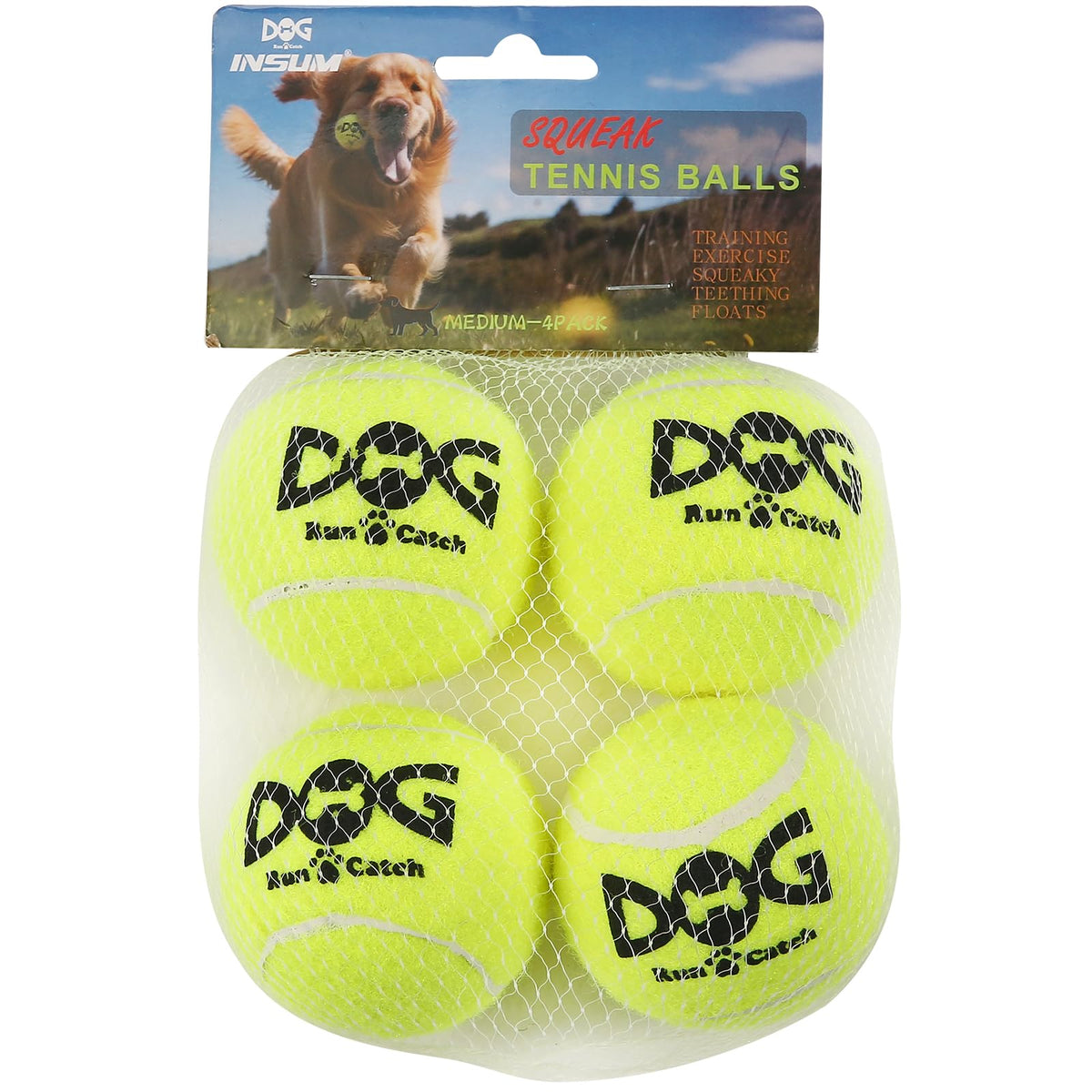 INSUM squeaky dog balls front view in bright yellow for easy visibility during fetch.