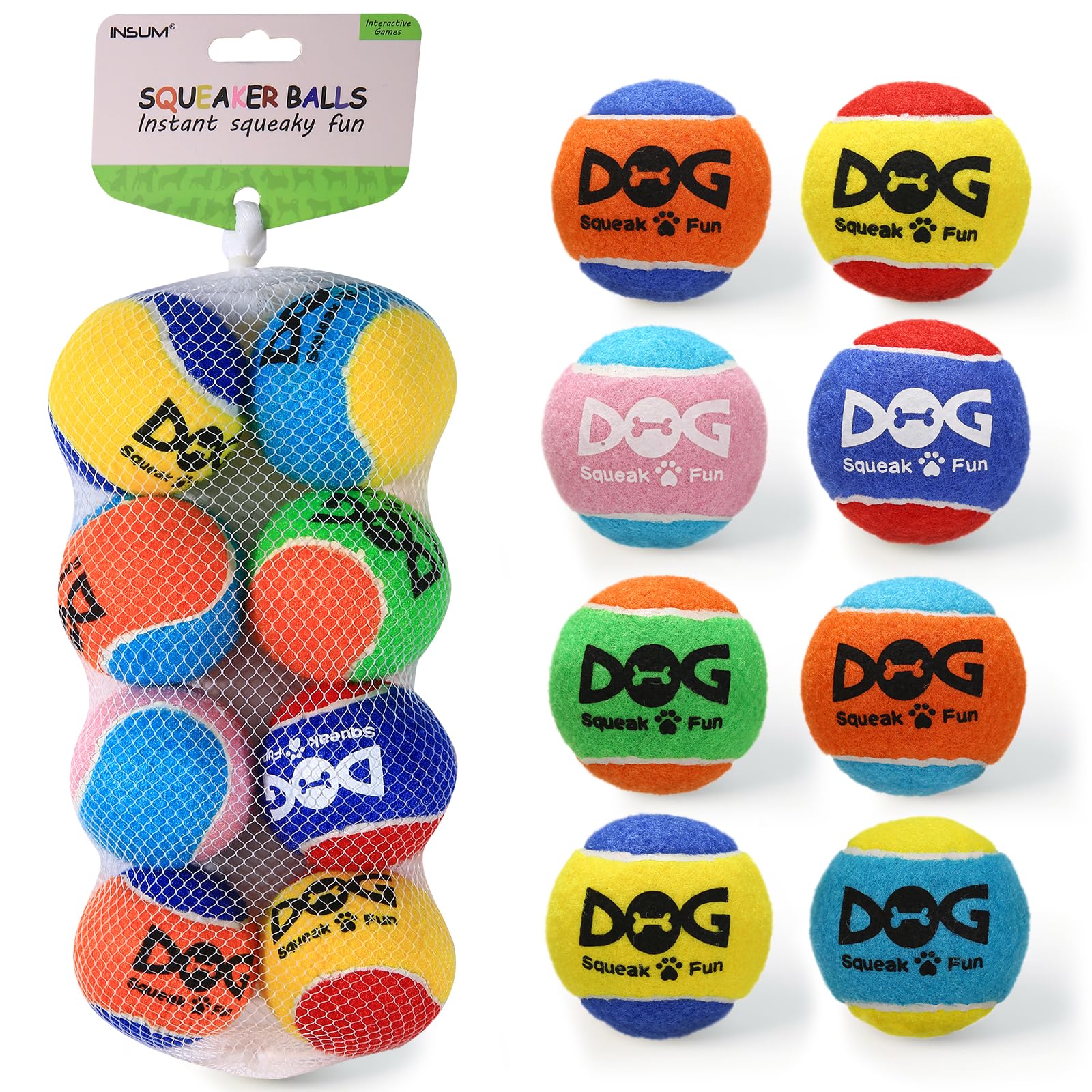 INSUM squeaky tennis ball pack in bright colors for visible indoor and outdoor play.