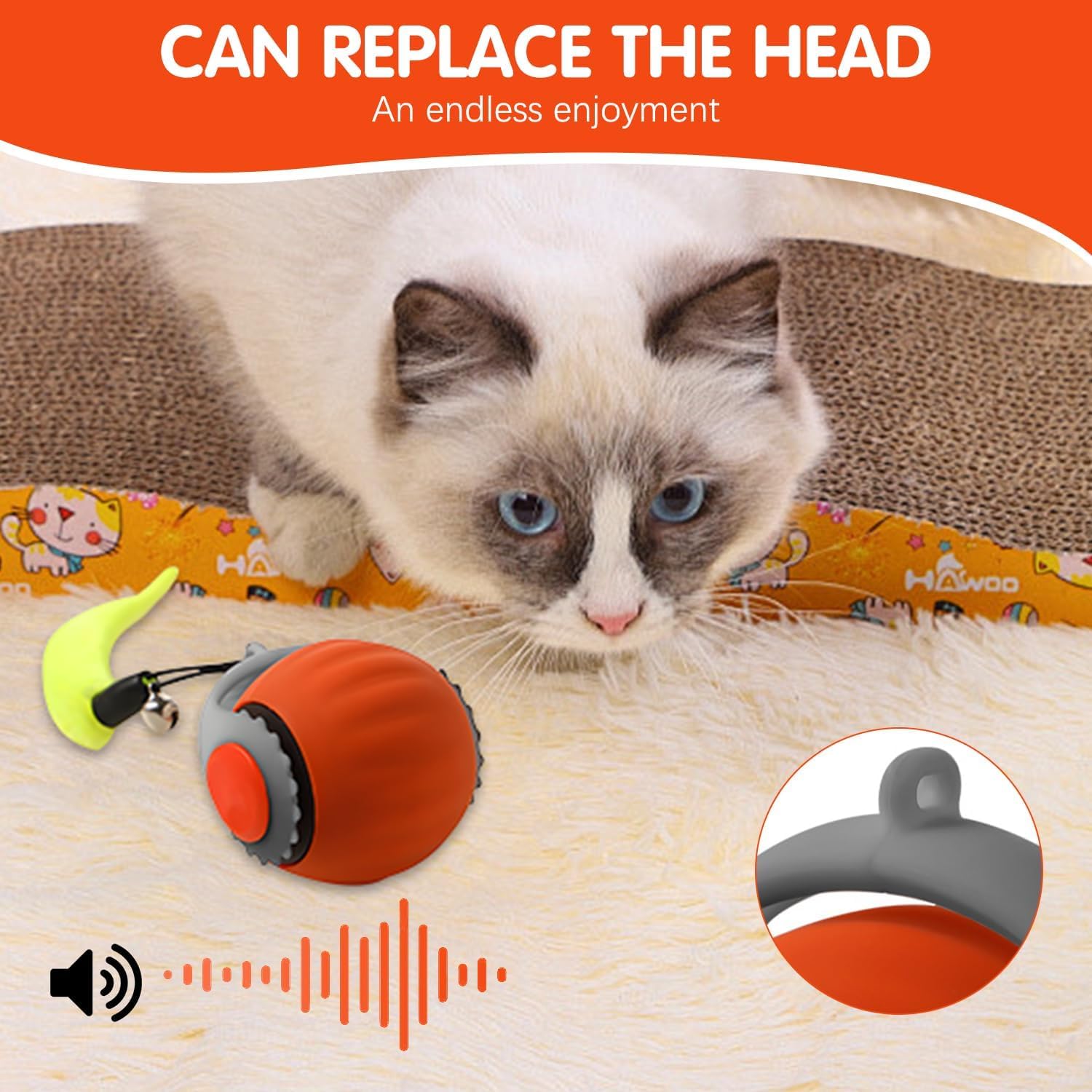 Interactive cat ball charging USB port highlights easy recharge for longer play sessions.