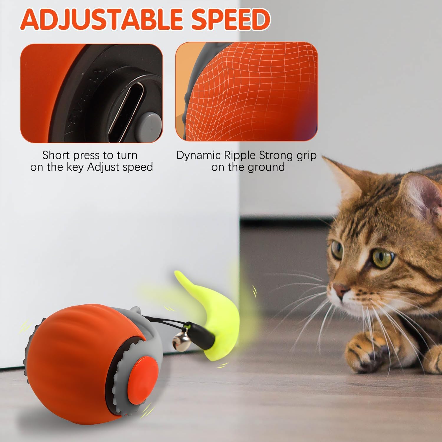 Interactive cat ball rolling action demonstrates continuous chase-inspired entertainment on any surface.