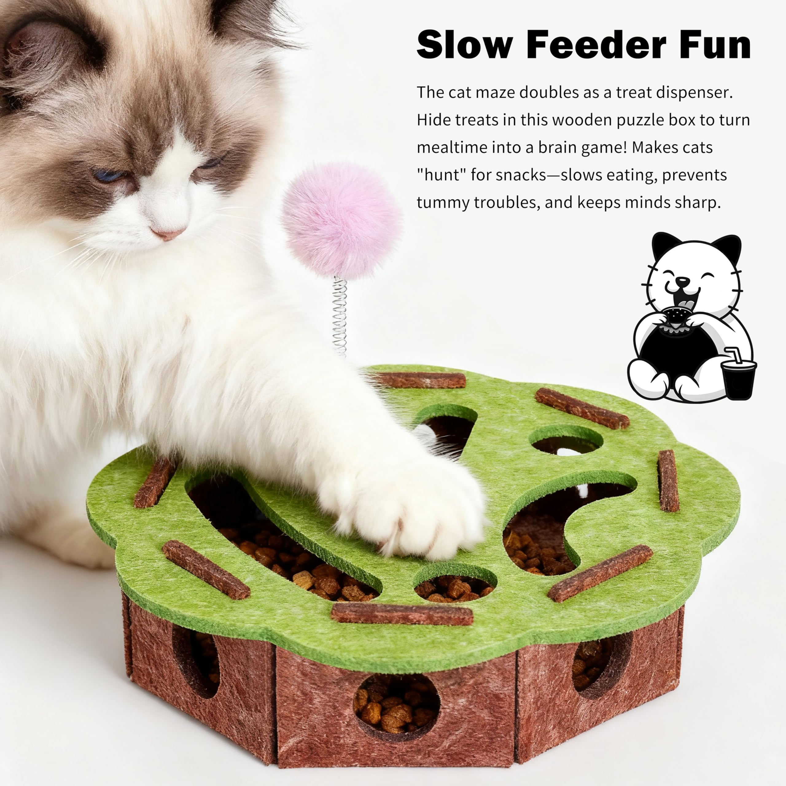 Interactive Cat Puzzle Toy teaser wand demonstrates owner-led interactive play.