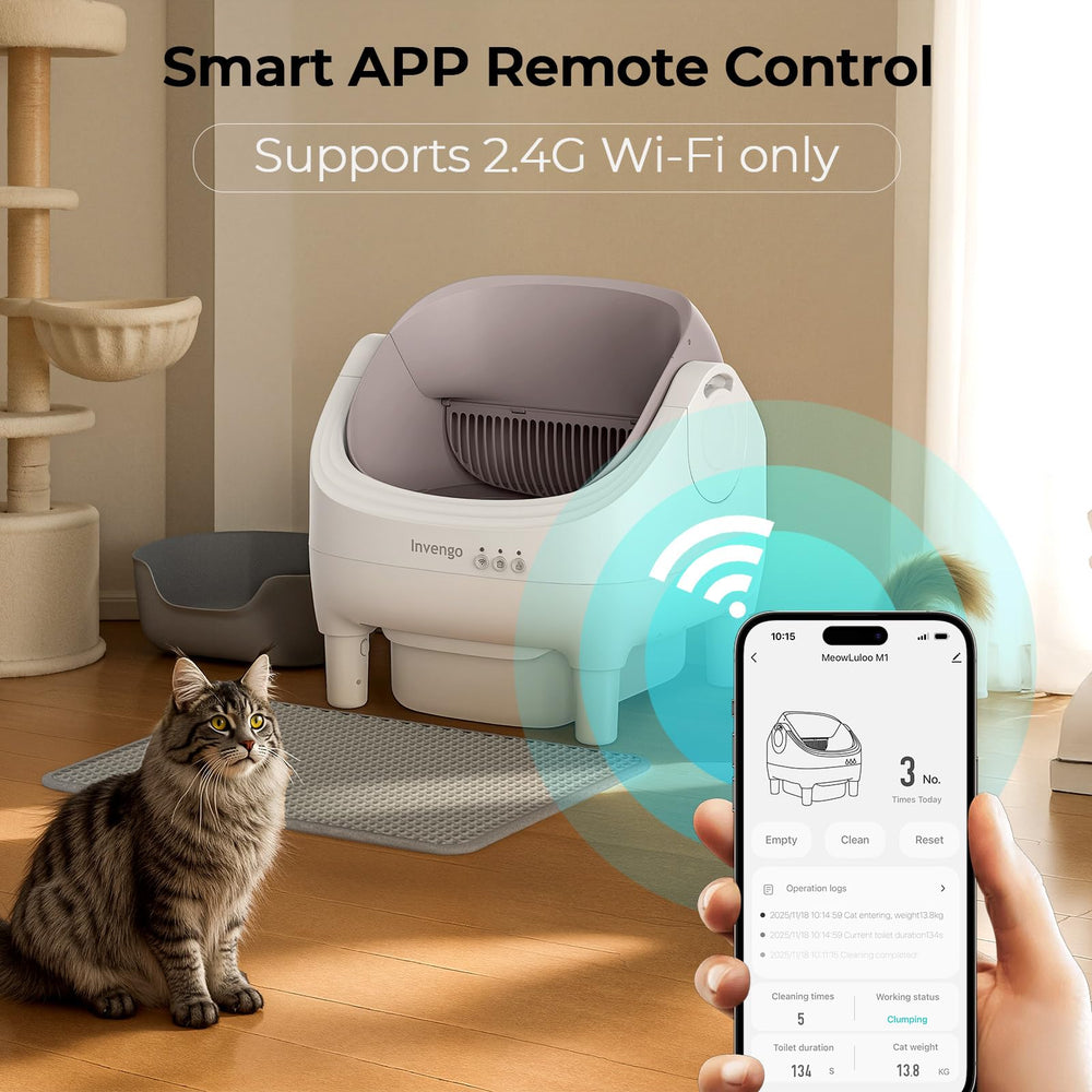 Invengo app control with wifi setup enables scheduling and monitoring litter usage.