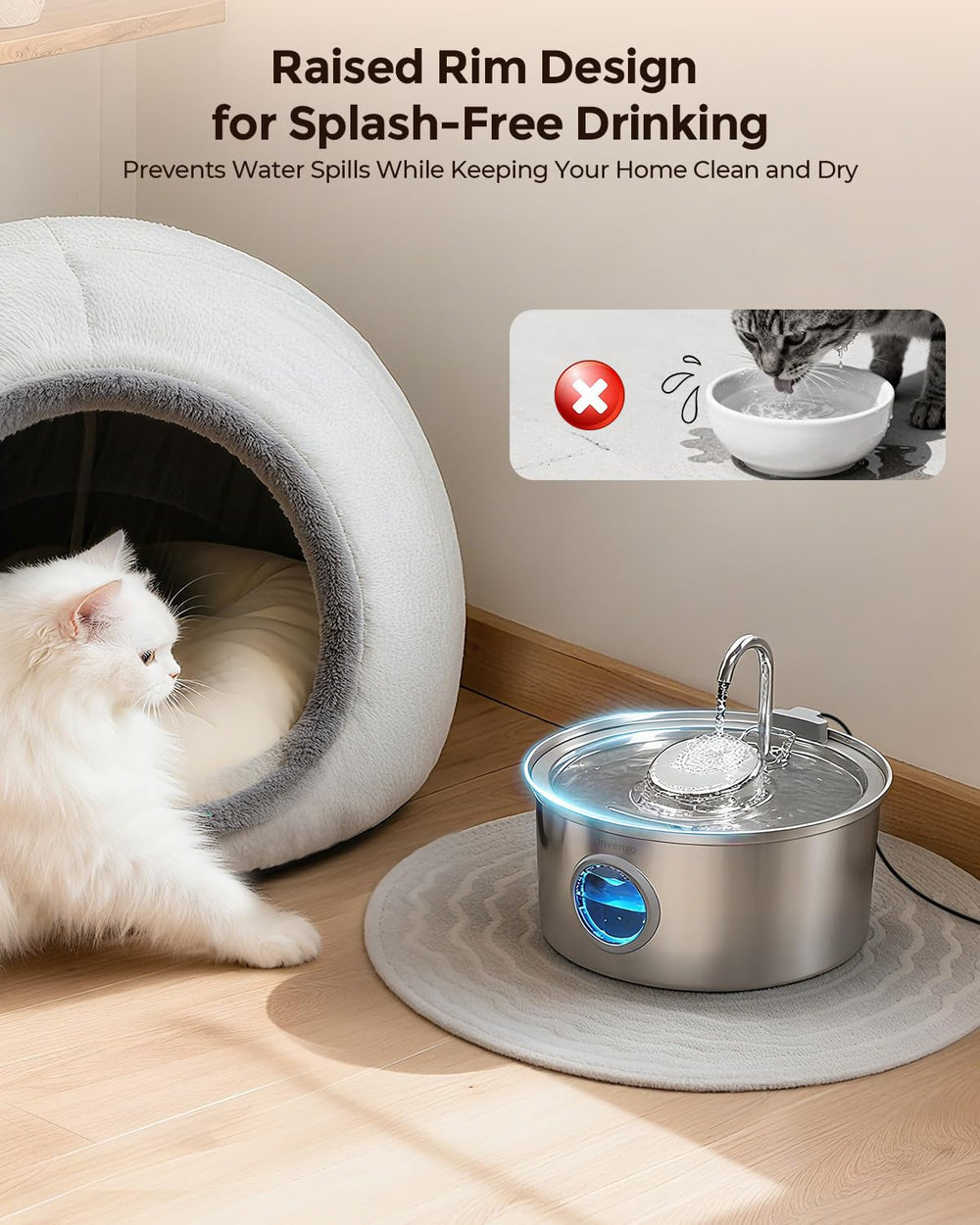 Invengo cat water fountain 3-2l reservoir view highlights low-refill needs.