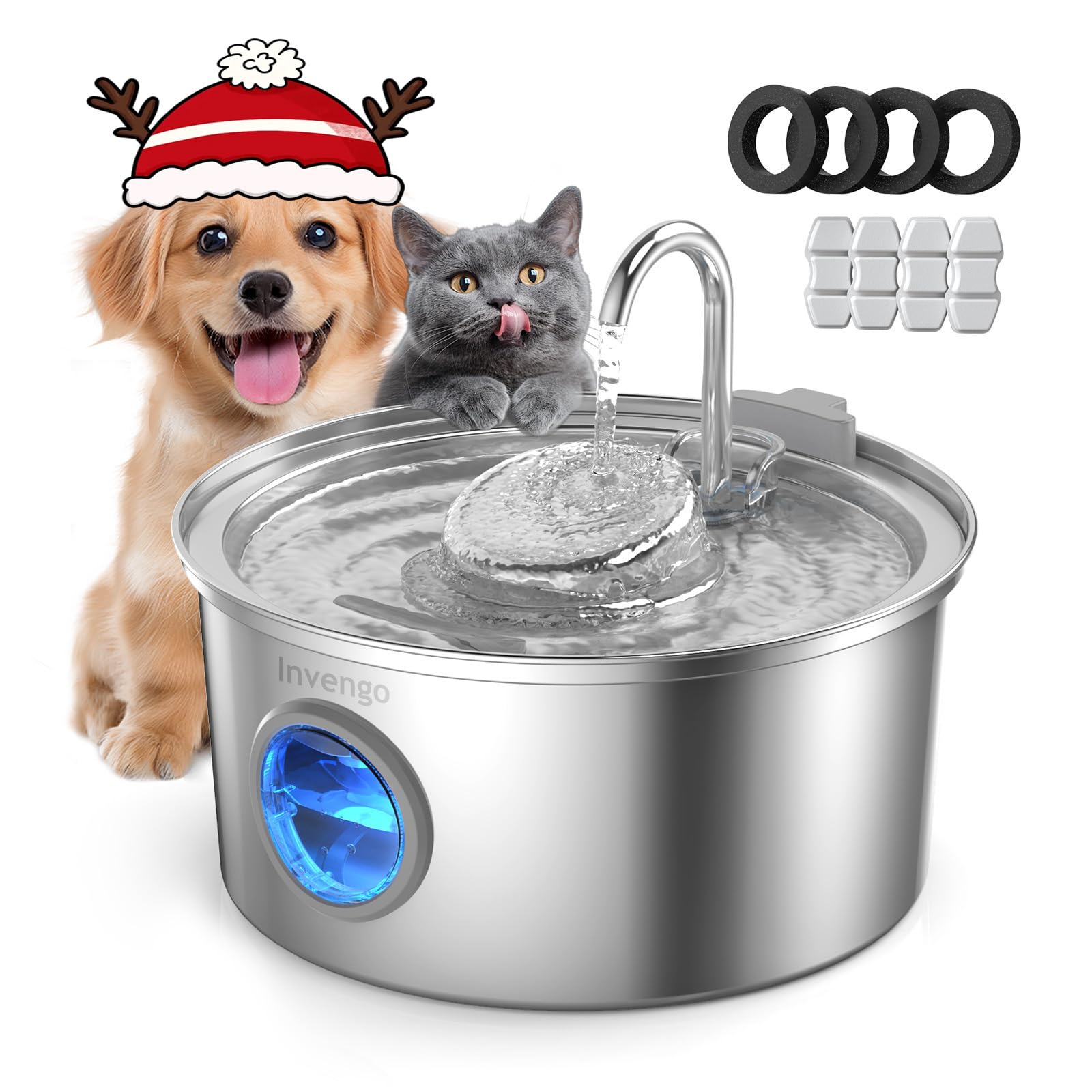 Invengo cat water fountain front view showcases sleek stainless steel and durable construction.