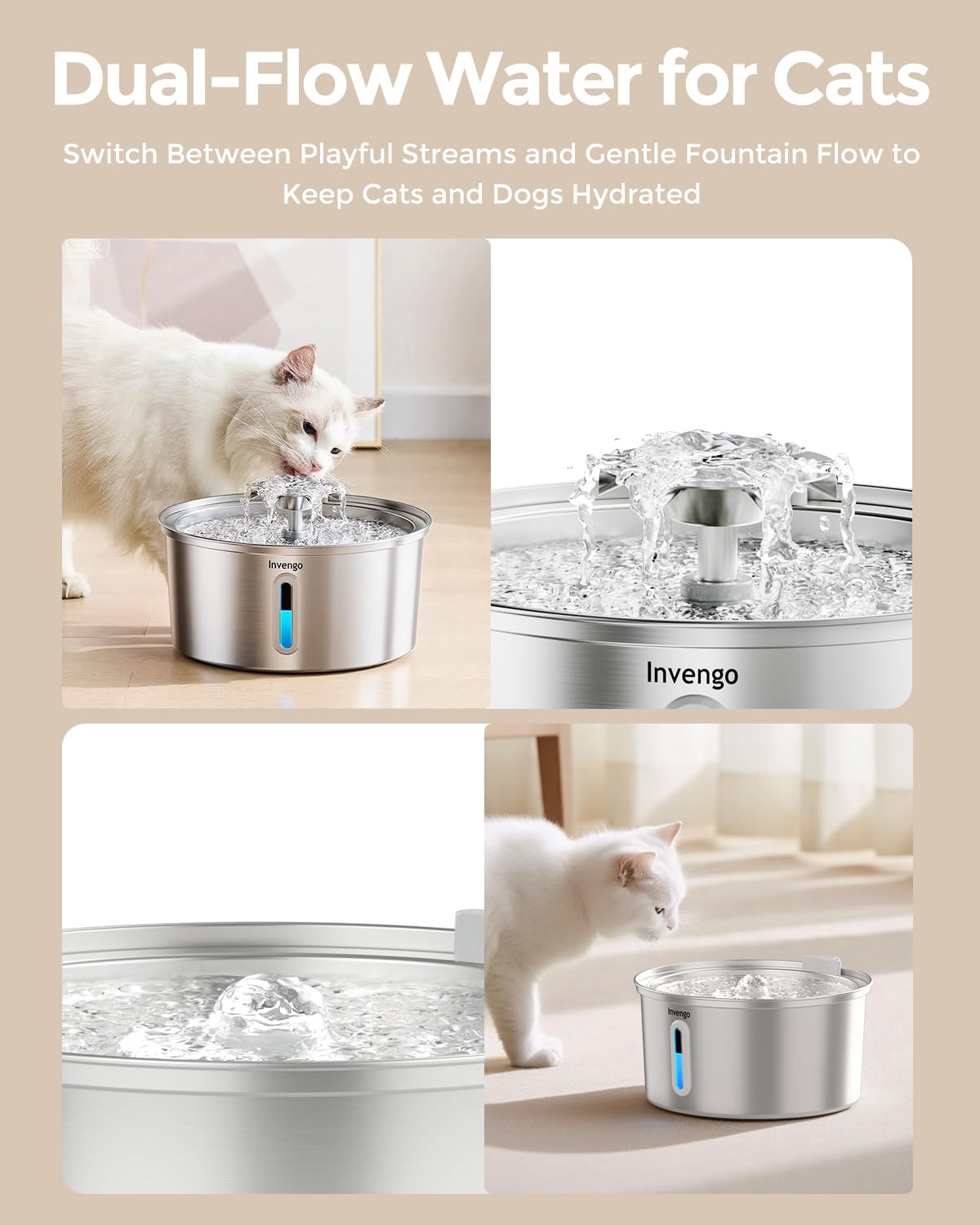 Invengo cat water fountain LED water level window helps monitor water supply