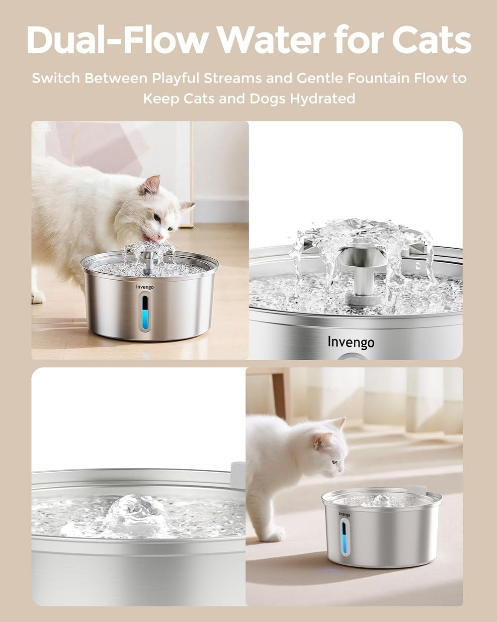 Invengo cat water fountain LED water level window helps monitor water supply