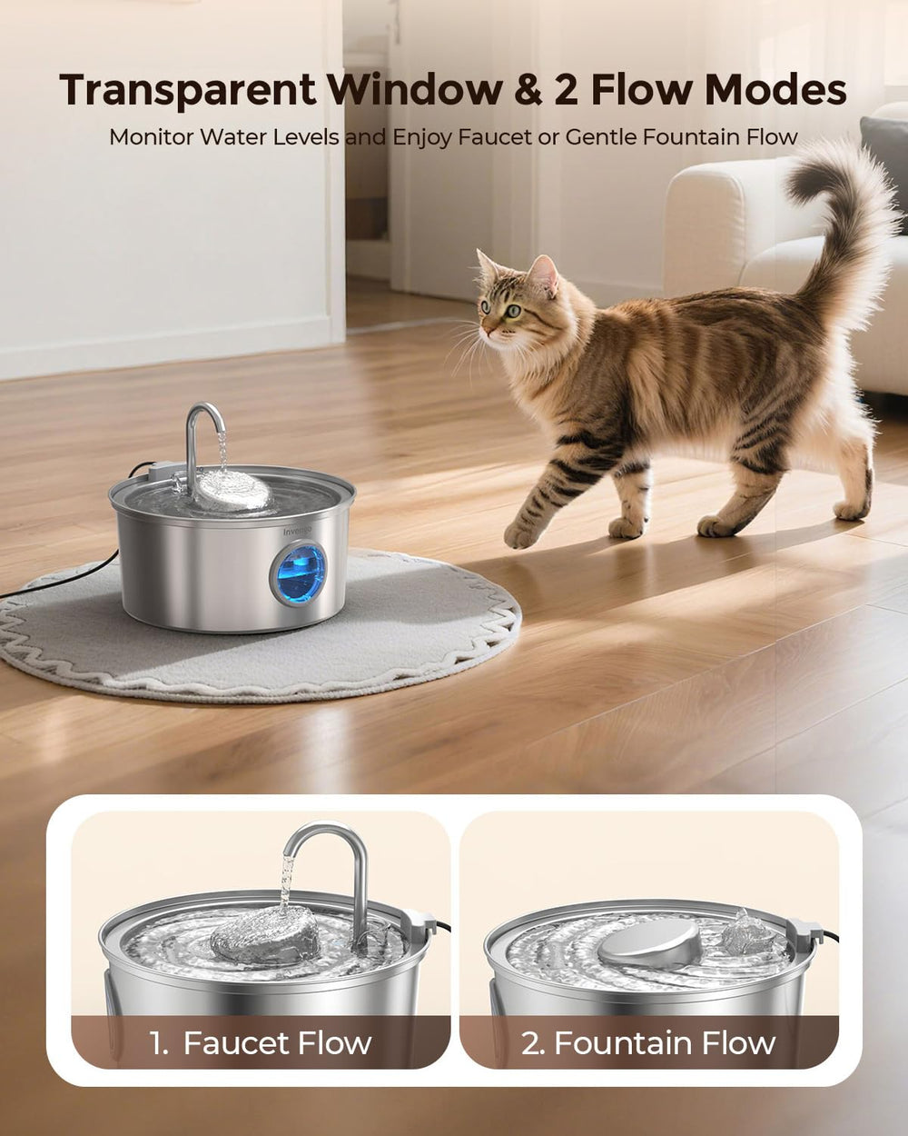Invengo cat water fountain splash-proof bowl image emphasizes mess-free dining.