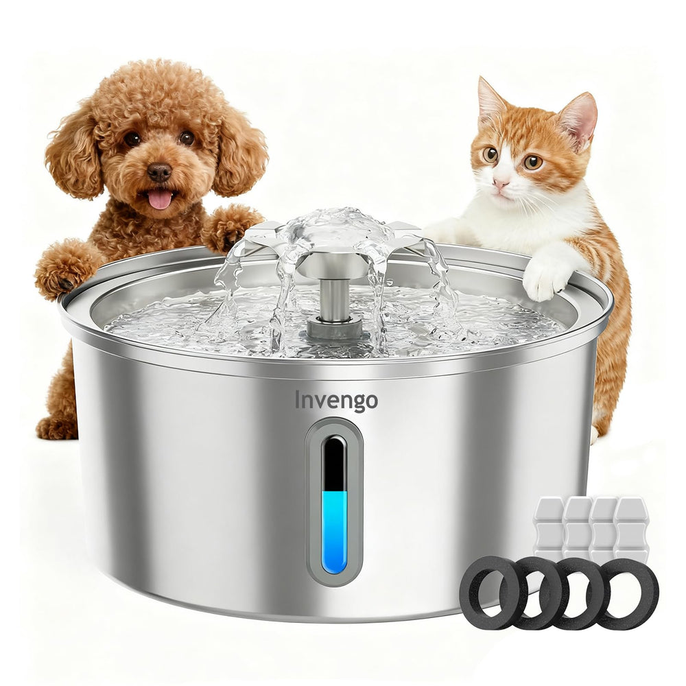 Invengo cat water fountain stainless steel 3.2L demonstrates a durable, hygienic hydration surface