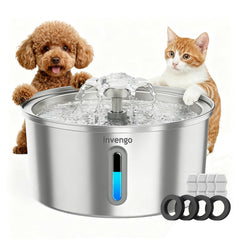 Invengo cat water fountain stainless steel 3.2L demonstrates a durable, hygienic hydration surface