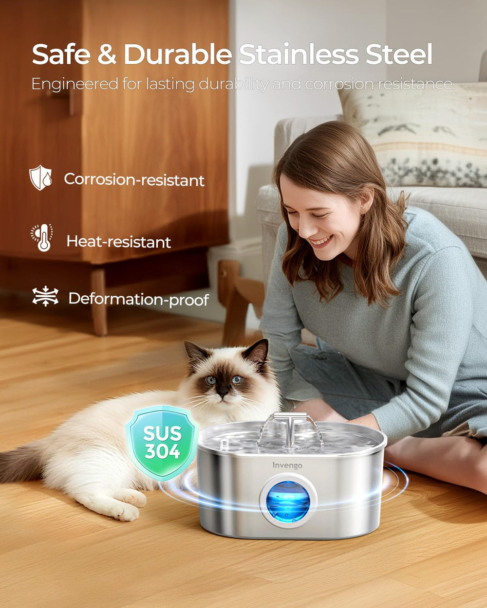 Invengo cat water fountain stainless steel 2.2L capacity for multi-pet households.