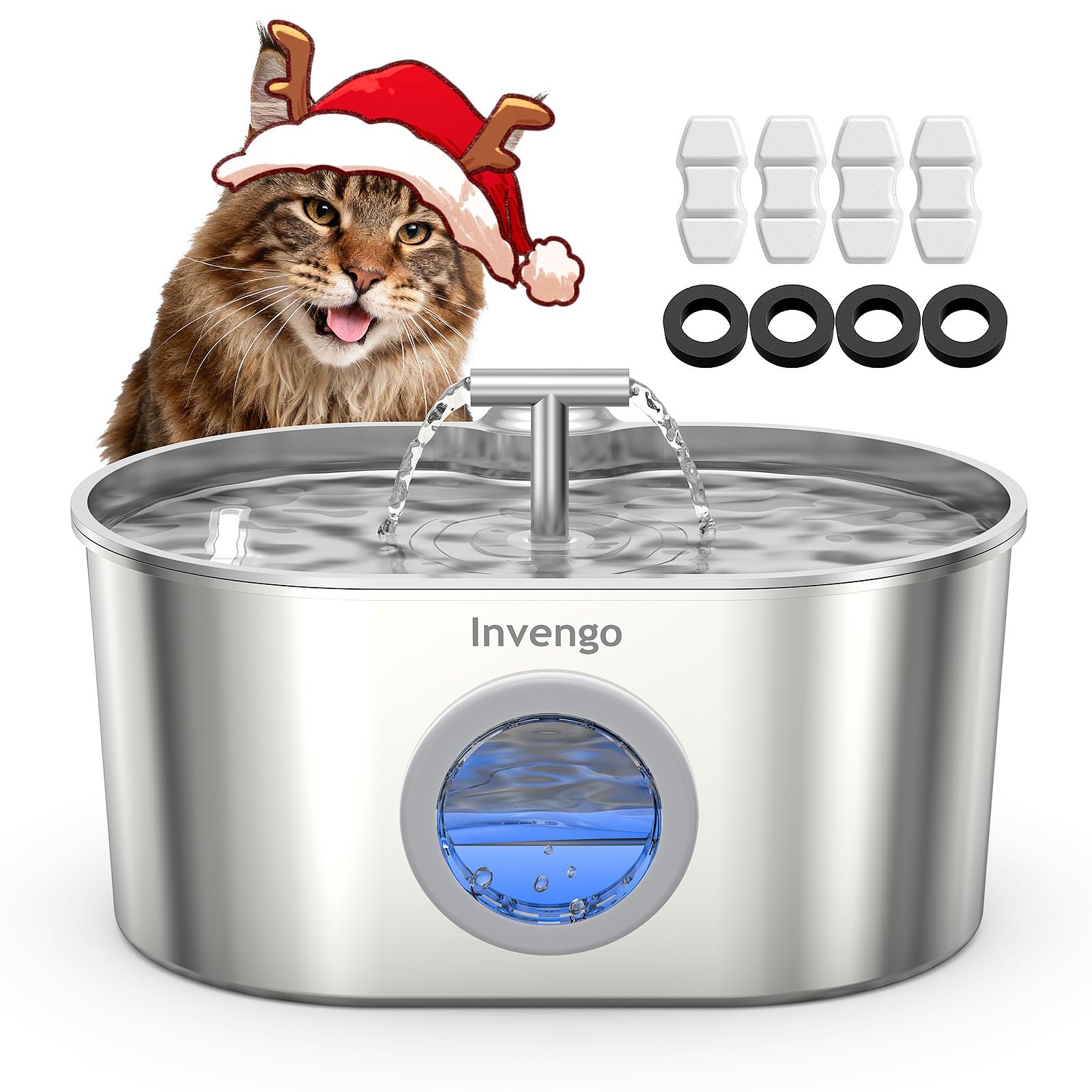 Invengo cat water fountain front view highlights stainless steel durability for safe hydration.