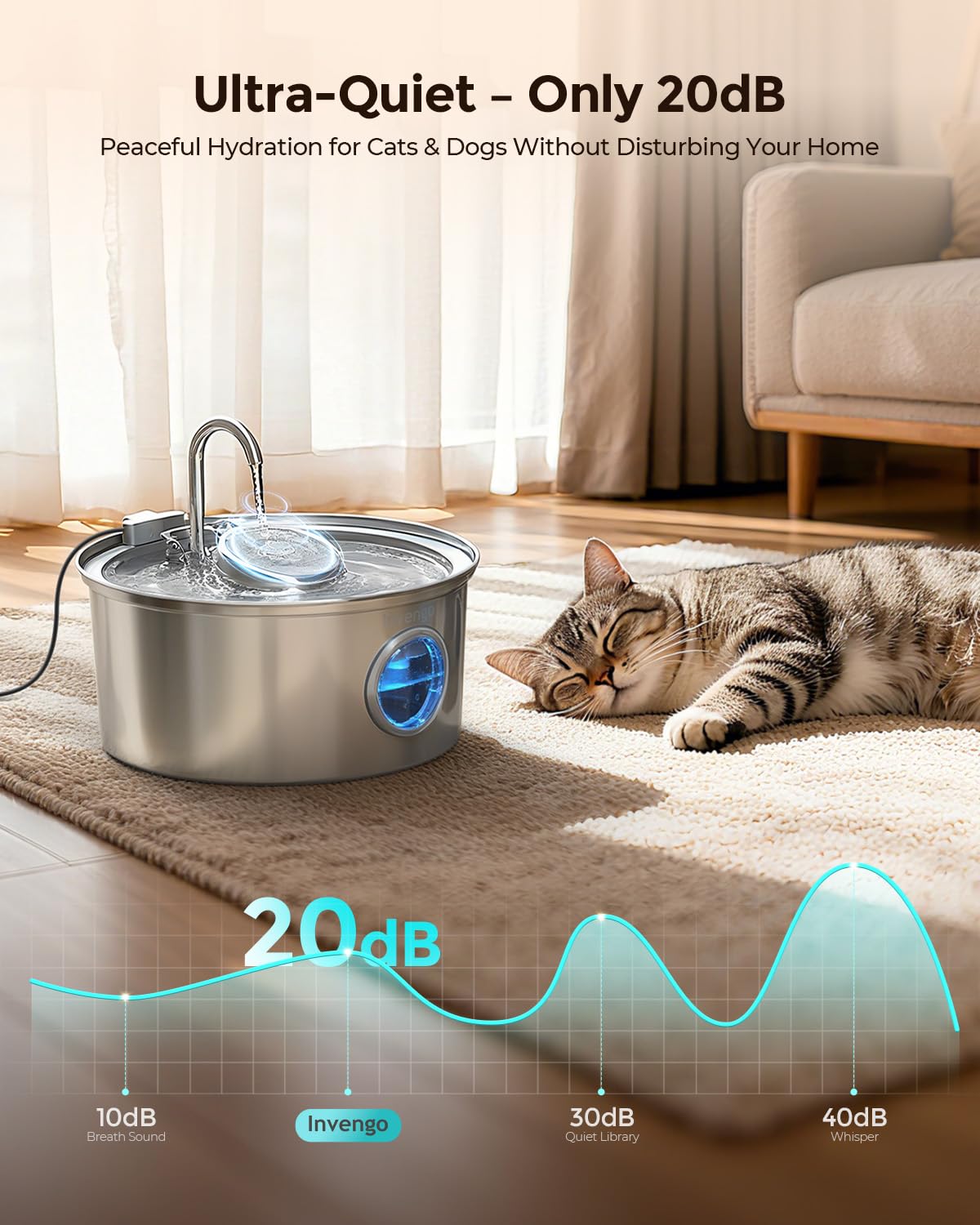 Invengo cat water fountain stream flow shows a gentle, inviting trickle.