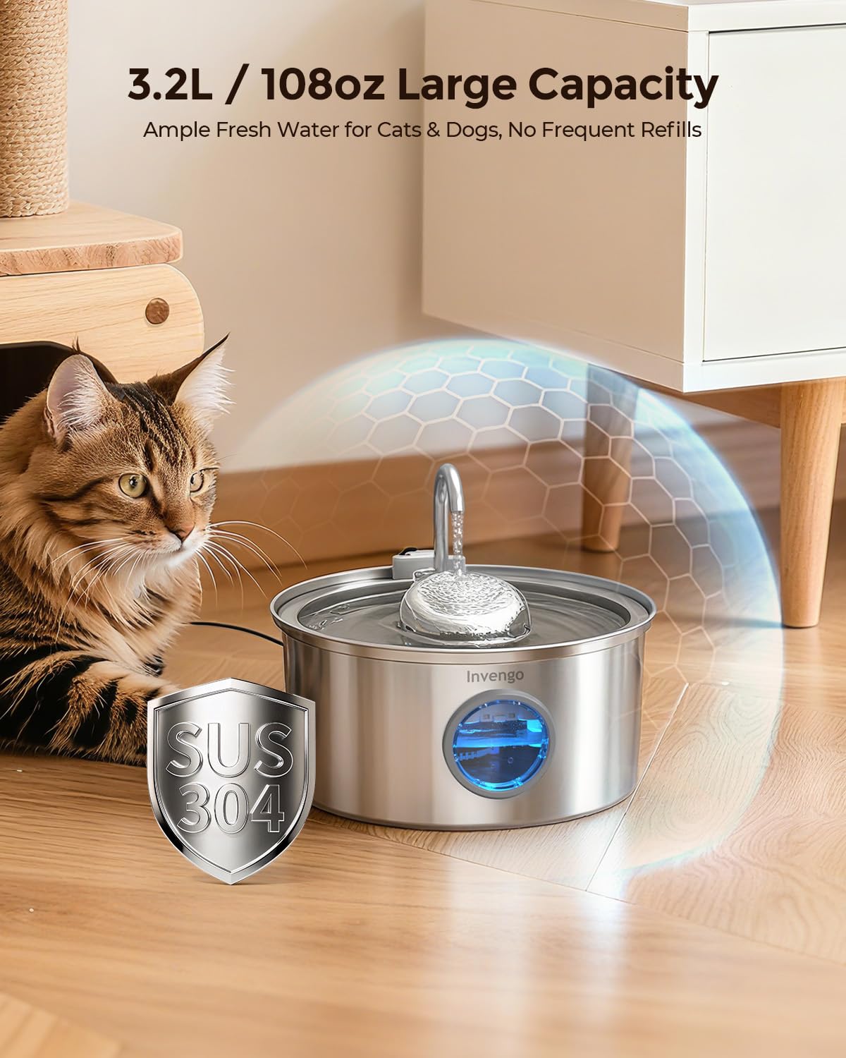 Invengo cat water fountain top view reveals 3.2L reservoir for pets' hydration.