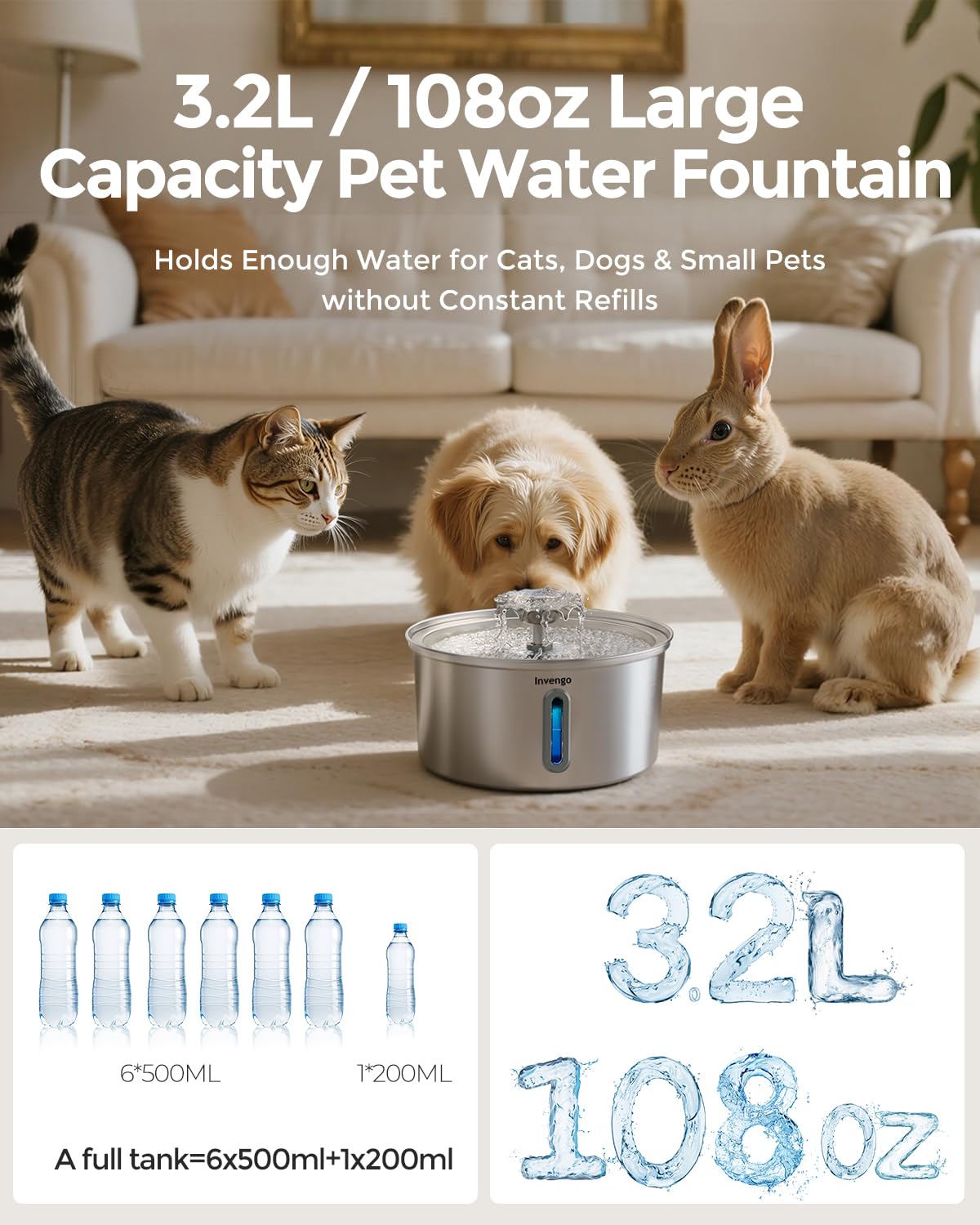 Invengo cat water fountain ultra-quiet pump keeps noise under 25 dB for peaceful rooms