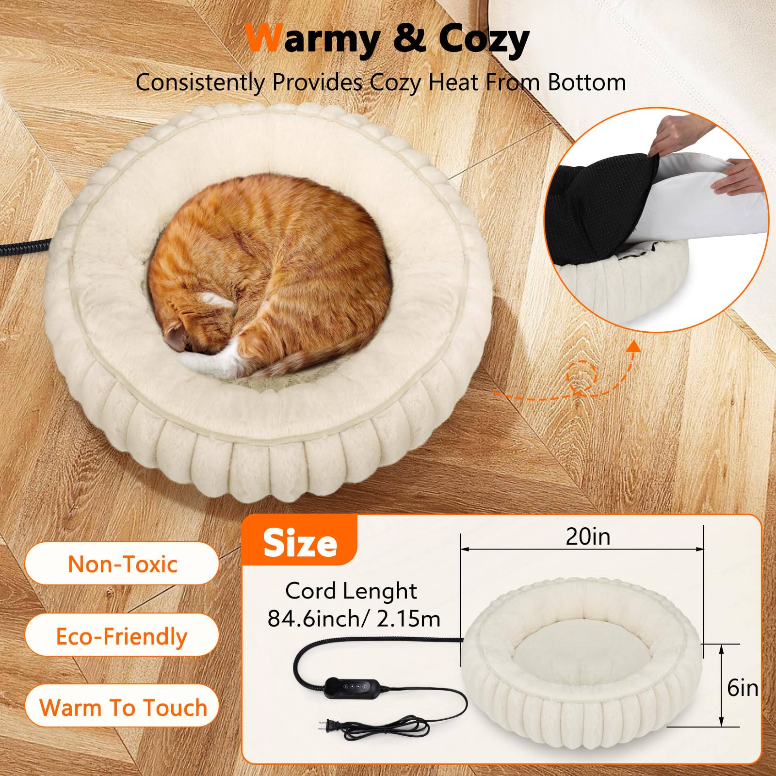 INVENHO donut heated cat bed sherpa plush interior provides soft comfort for relaxation.