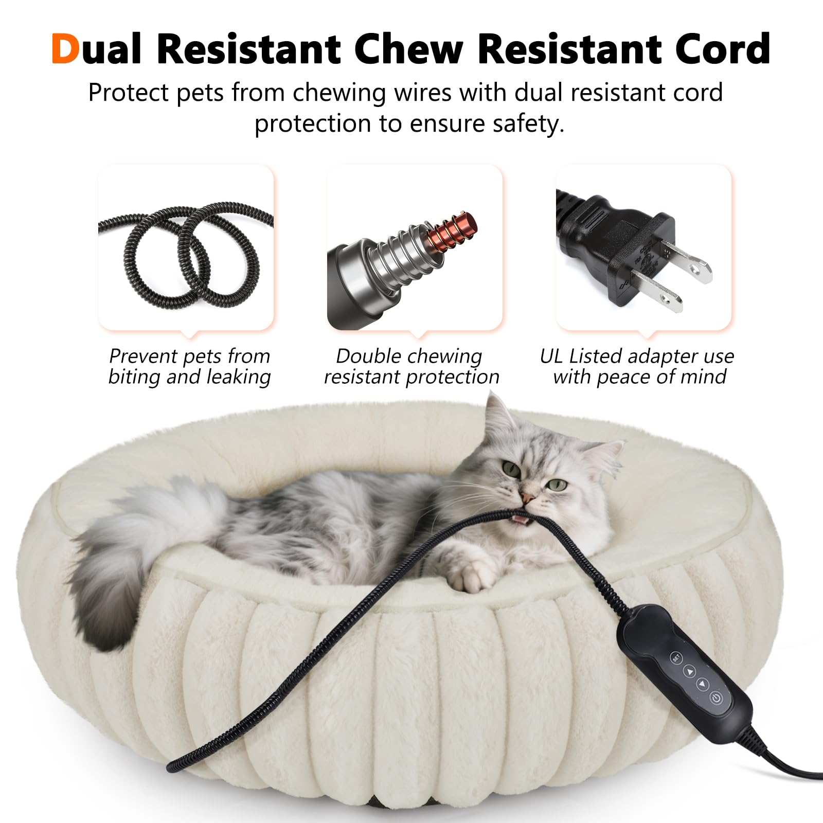 INVENHO donut heated cat bed spiral wire cover protects pets from cords during use.