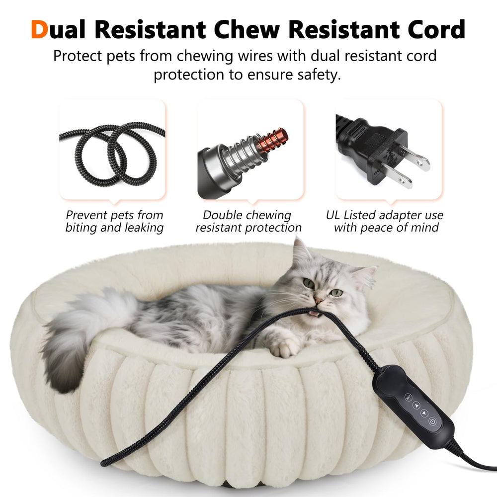 INVENHO donut heated cat bed spiral wire cover protects pets from cords during use.