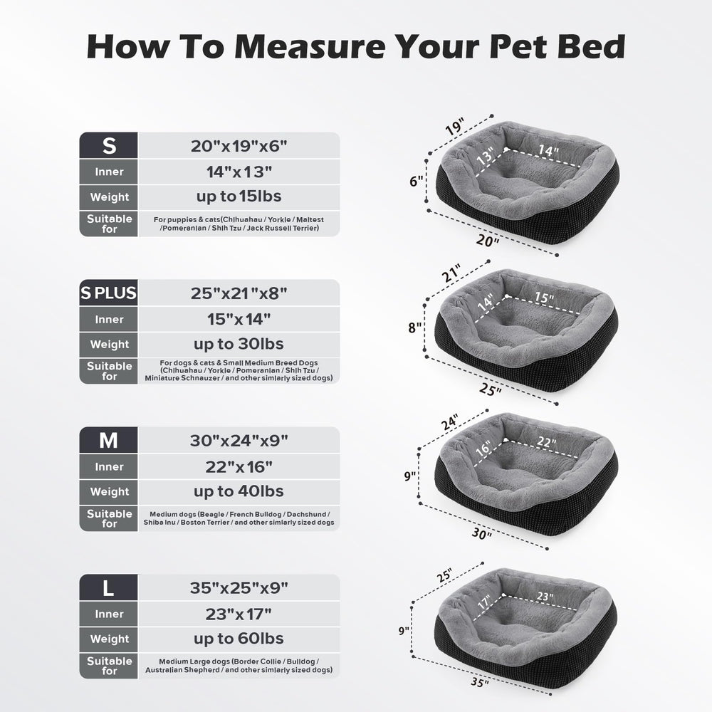 INVENHO small dog bed size chart demonstrates options for dogs up to 60 lbs