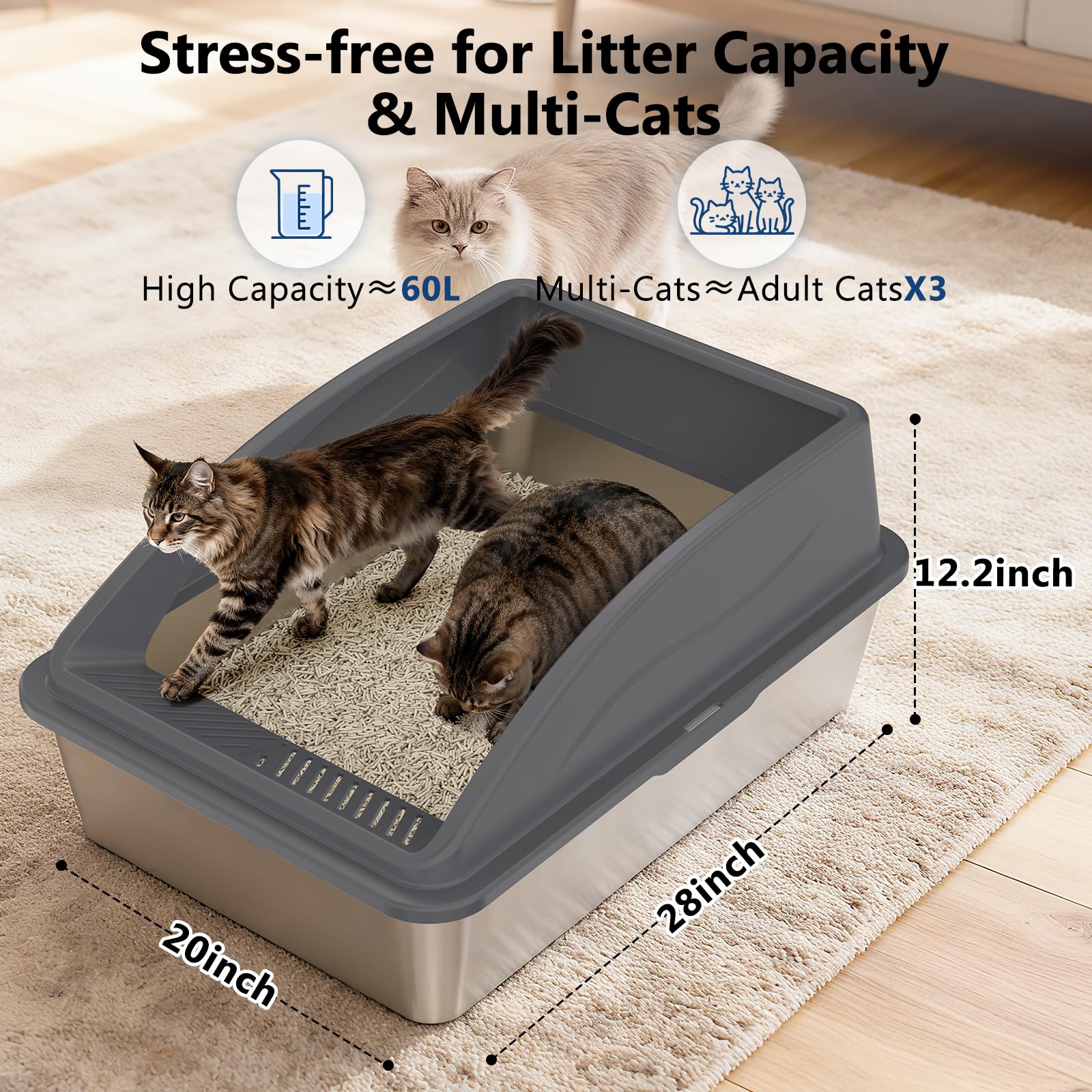 INVENHO stainless steel litter box hooded lid demonstrates privacy and containment