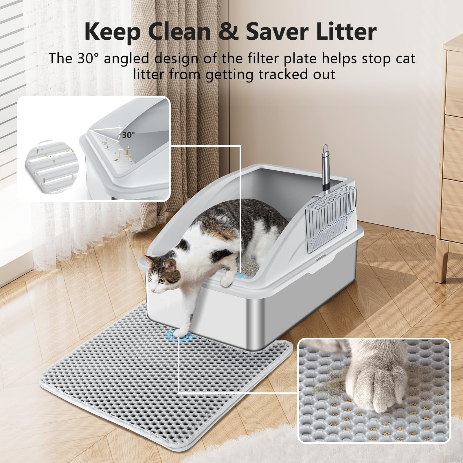 INVENHO stainless steel litter box inside highlights roomy space for large cats.