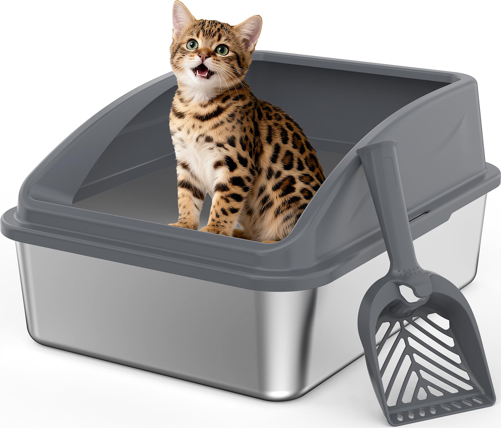INVENHO stainless steel litter box top-entry view shows spacious design for kittens and privacy.