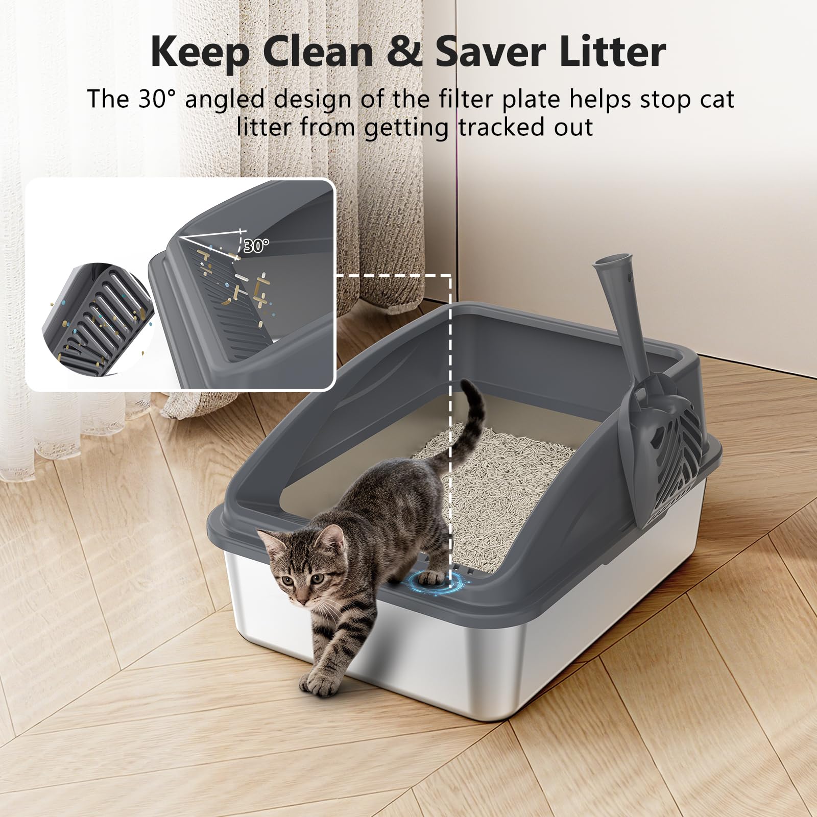 INVENHO stainless steel litter box urine leakproof walls reduce splash during digging.