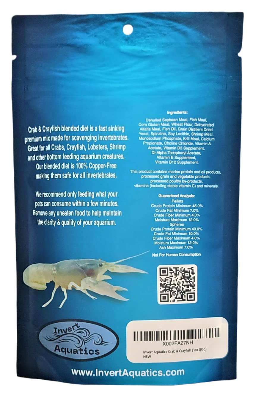 Invert Aquatics Crab & Crayfish Diet serving showing sinking pellets and sticks for bottom-dwelling pets.