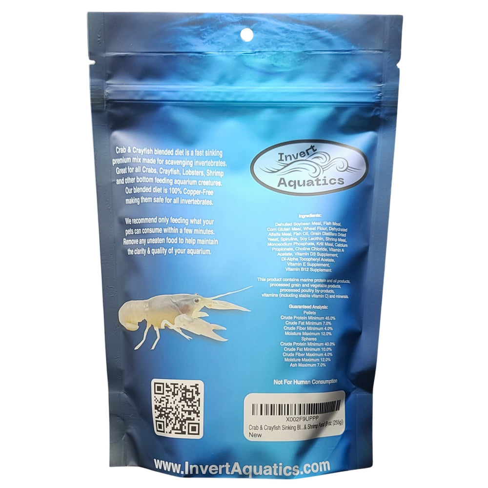 Invert Aquatics Crab & Crayfish sinking diet sticks and pellets ready for foraging.