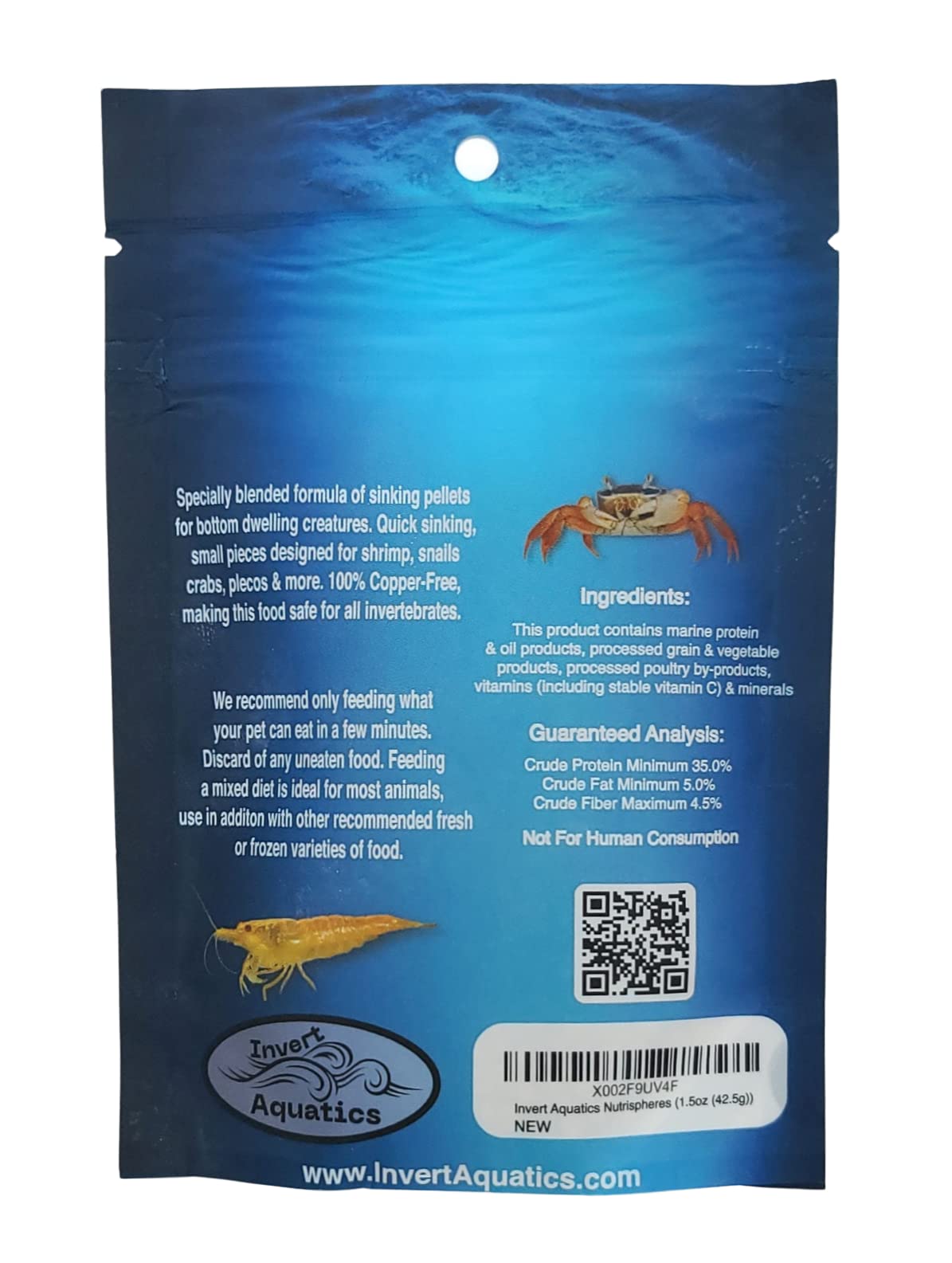 Invert Aquatics NutriSpheres pellets dispersing in water for shrimp, snails and bottom feeders