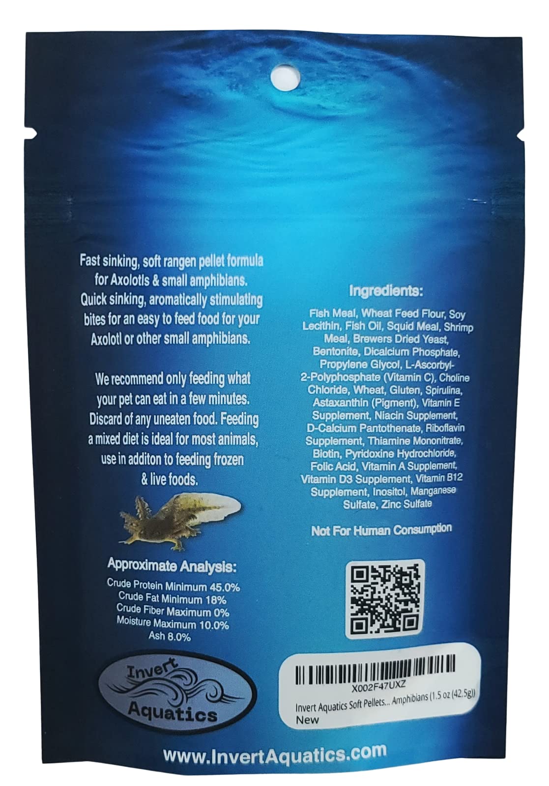 Invert Aquatics Soft Pellets axolotl feeding action demonstrates sinking nutrition for small amphibians.