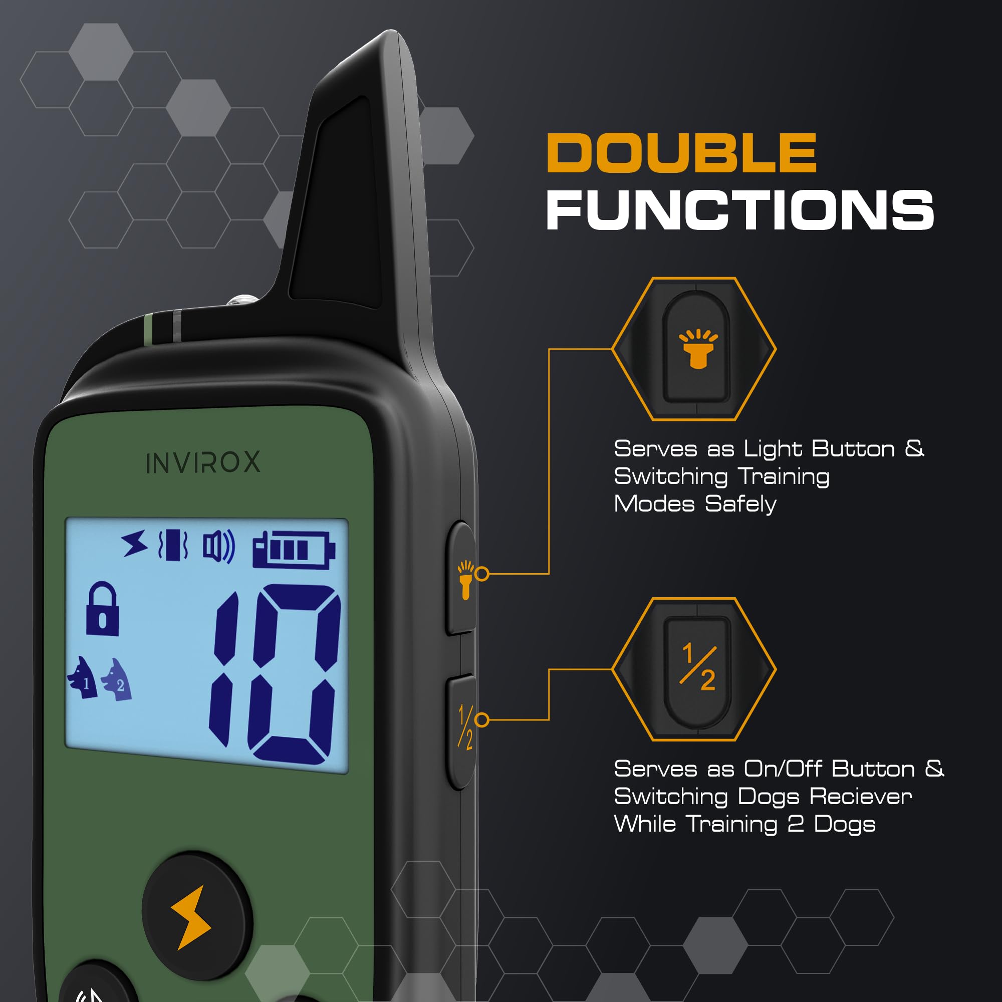 INVIROX Training Collar 1100yd range supports long-range recall practice.