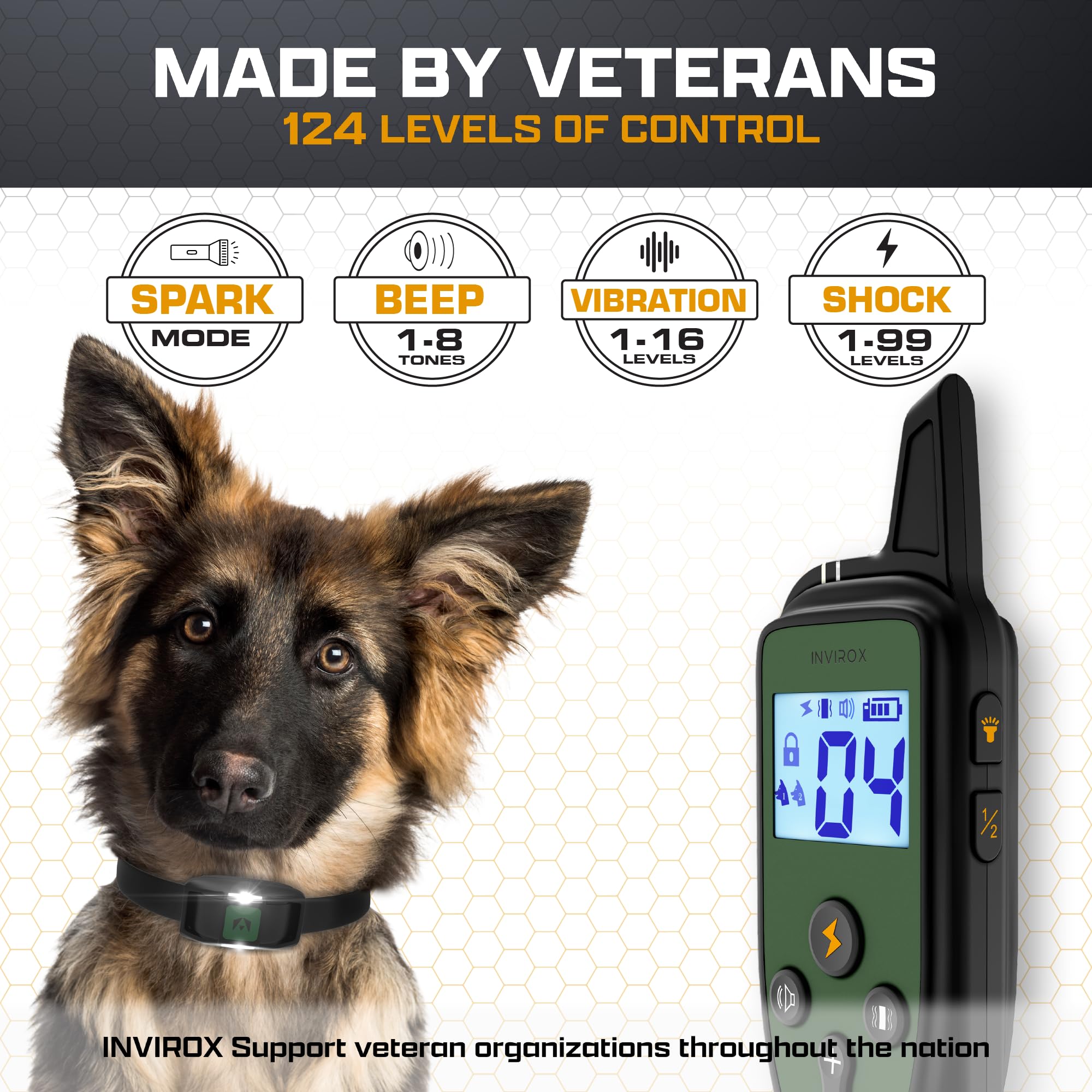 INVIROX Training Collar night-light mode improves evening visibility for training.
