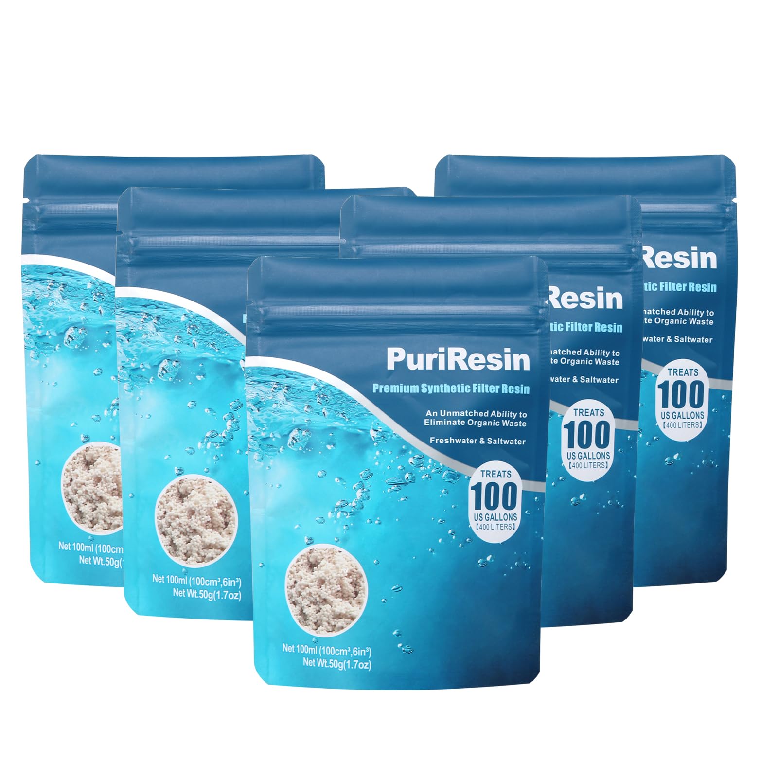 IOAOI PuriResin 5-pack packaging for clear aquarium water.
