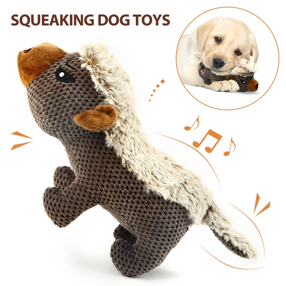 IOKHEIRA dog plush toy shows the squeaky action to engage dogs during play.