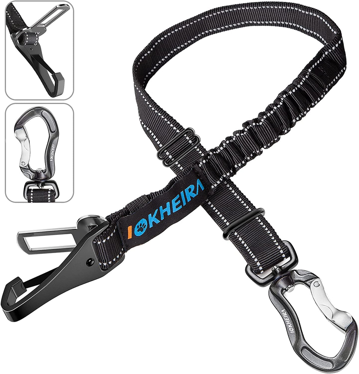 IOKHEIRA dog seatbelt shows dual-buckle design for universal car fit and secure restraint.