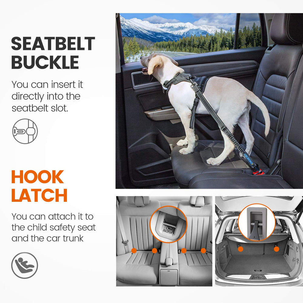 IOKHEIRA dog seatbelt installs easily with either hook or seatbelt buckle.