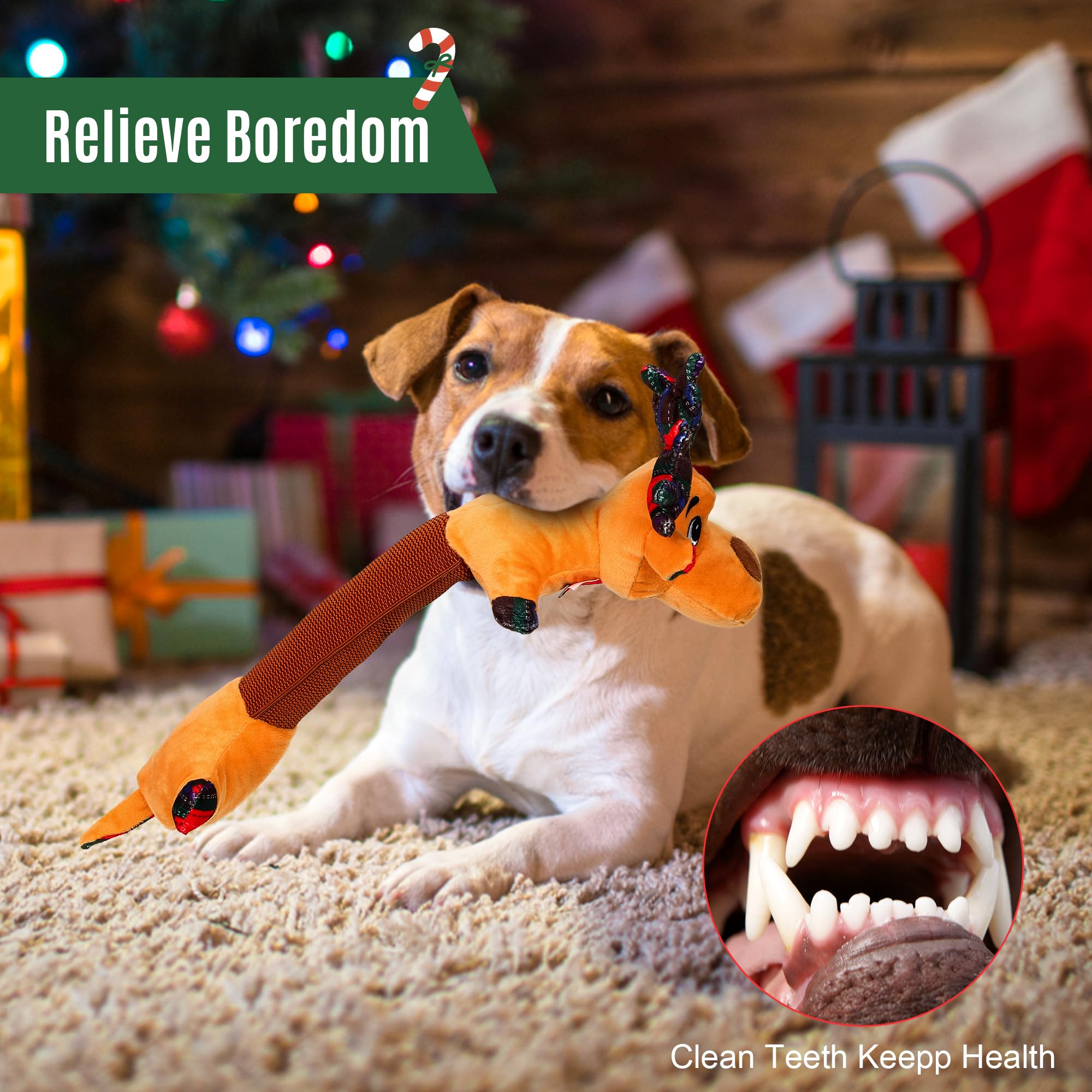 IOKHEIRA soft plush teething dog toy reindeer provides gentle gum-safe relief during teething.
