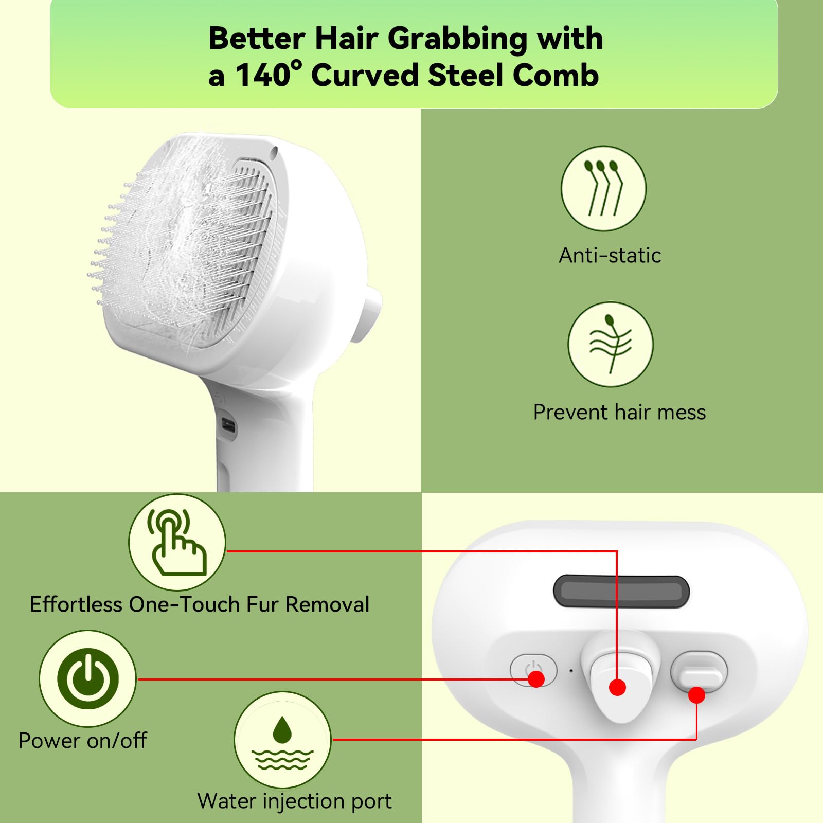 iomsloon pet steam brush cleanup-button enables fast bristle cleaning after grooming.