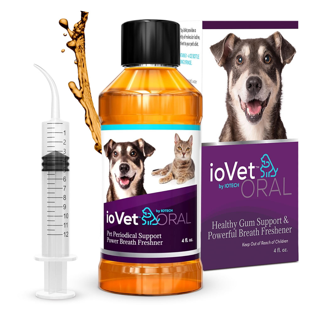 ioVet Oral bottle with dispense demonstrates convenient daily dental care for pets.