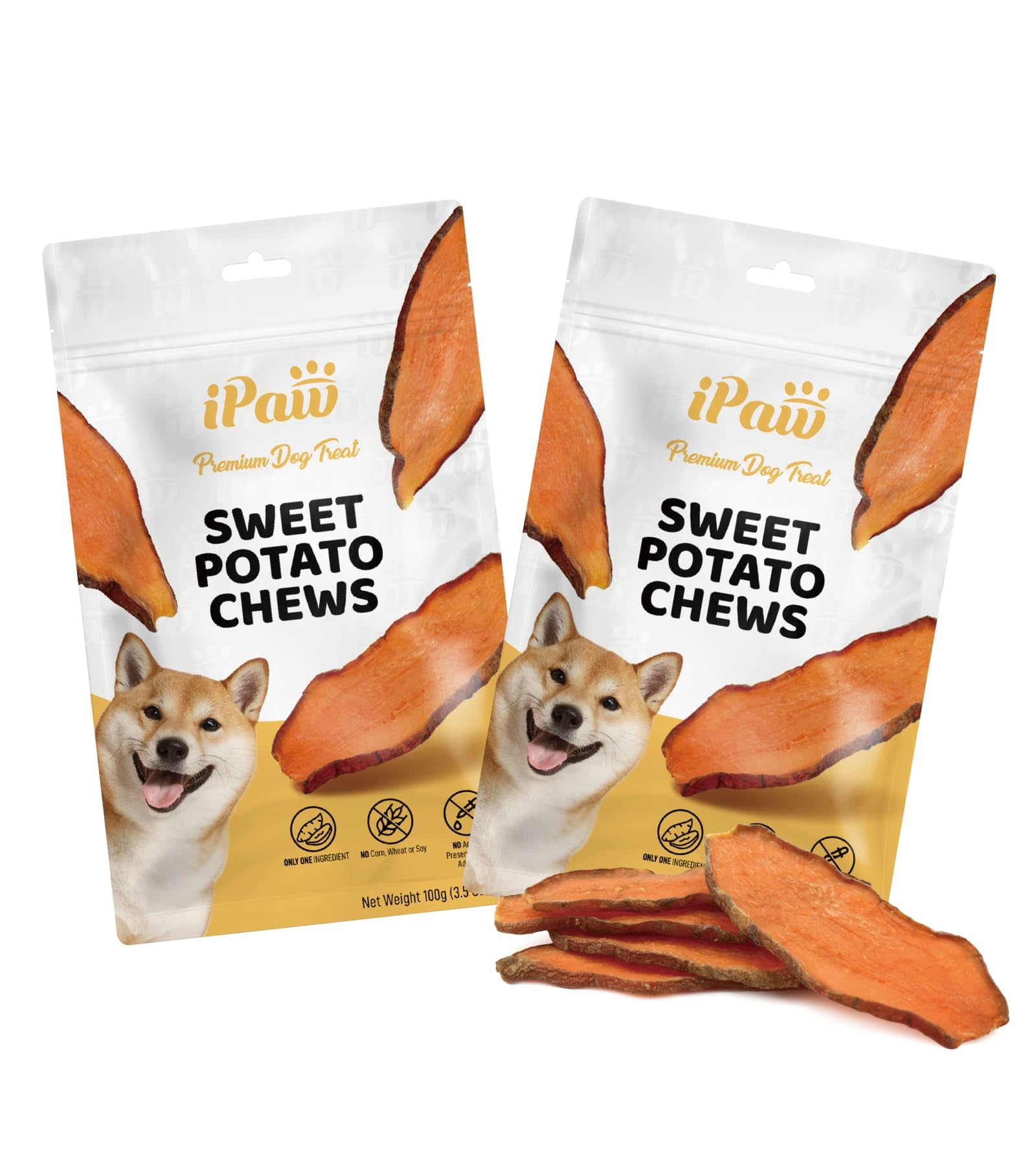 iPaw Sweet Potato Chews pack front shows all-natural, single-ingredient treats for gentle digestion.
