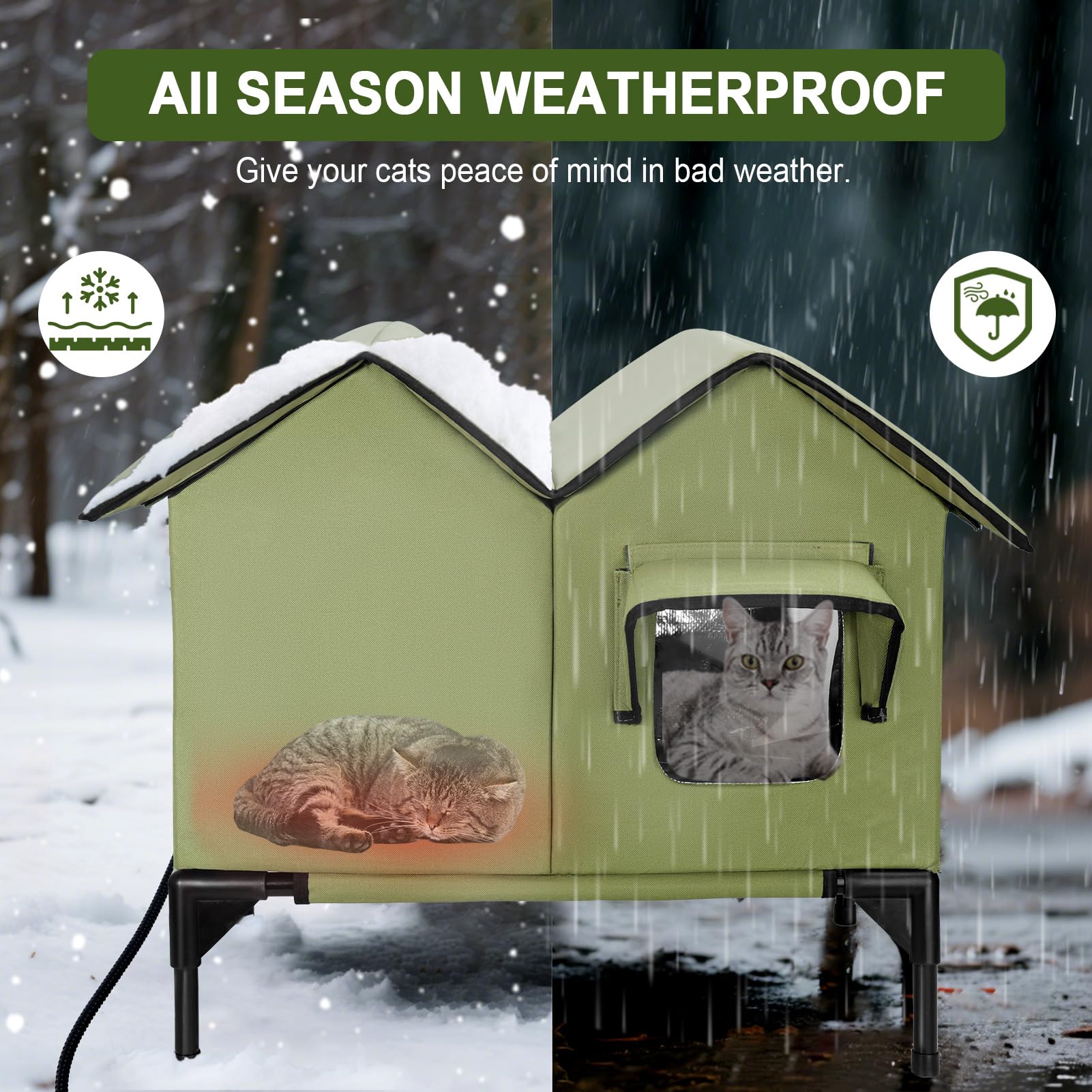 IPEAIN heated cat house dual entrances provide predator protection and quick escape routes