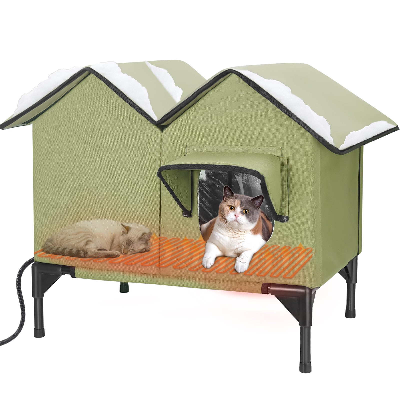 IPEAIN heated cat house exterior green shows weatherproof outdoor shelter for winter warmth