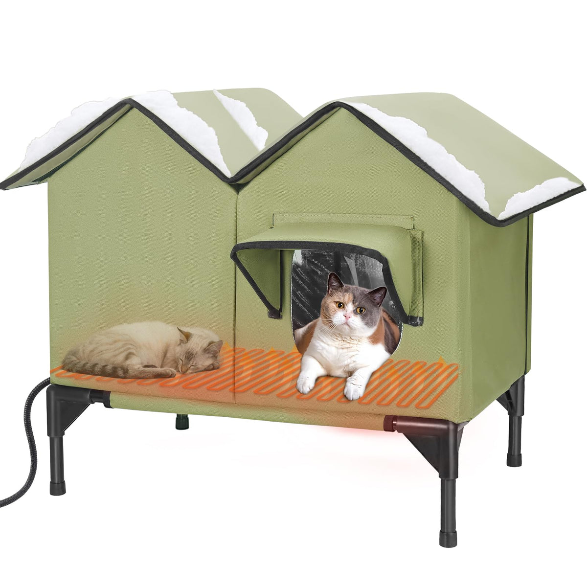 IPEAIN heated cat house exterior green shows weatherproof outdoor shelter for winter warmth