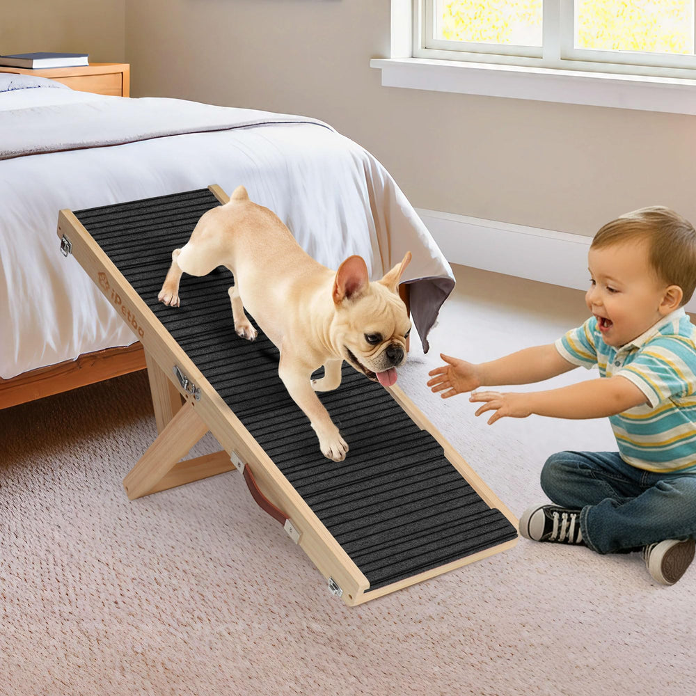 IPETBA dog ramp with soft incline supports joints during bed or couch access.