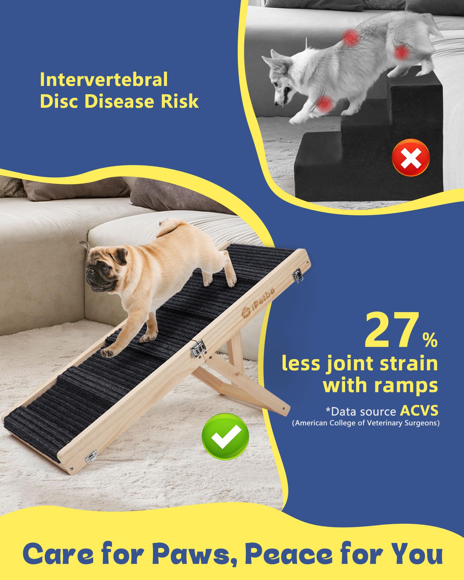 IPETBA solid pine ramp blends with home decor while supporting pets up to 35 lbs.